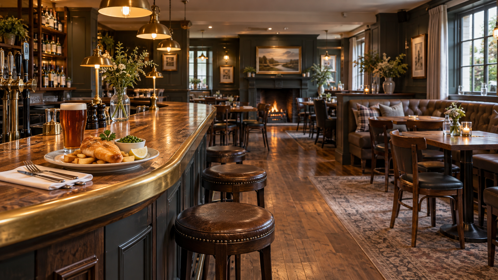 Warm pub interior with a food counter